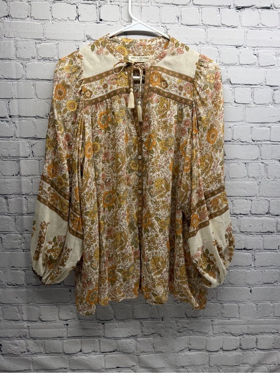 Spell Tops - Spell & the Gypsy Boho Floral Tassel Blouse - Cream & Mustard sz Small